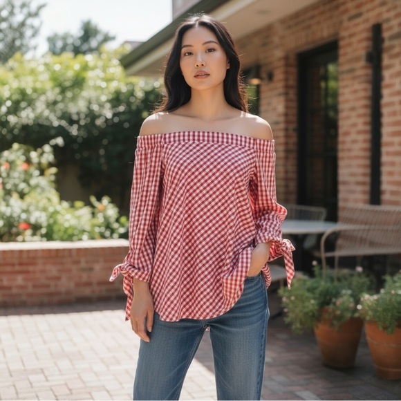 Comfy USA Tops - Comfy USA Red White Gingham Off Shoulder Tunic Blouse SZ M